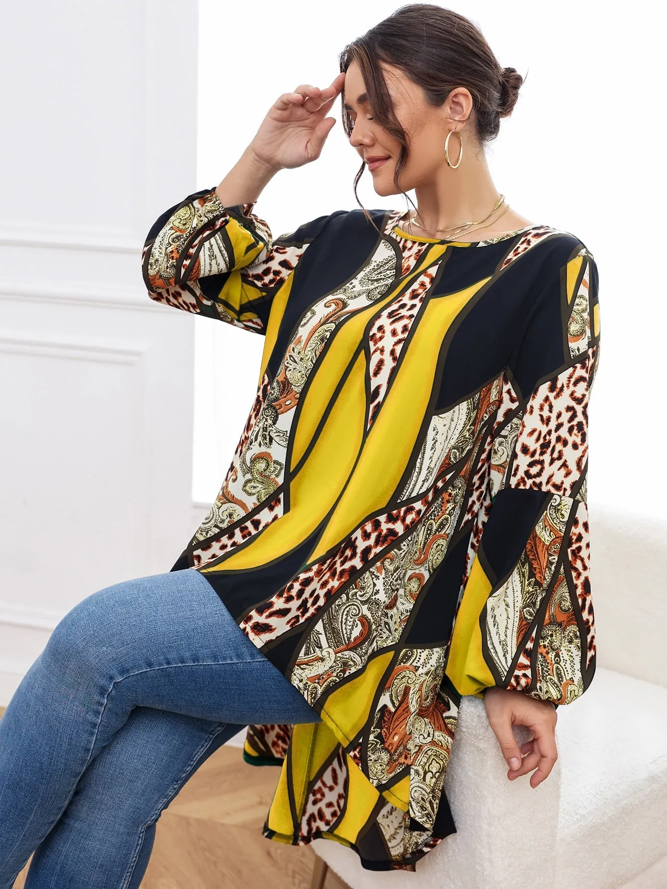 Paisley Raw Hem Long Sleeve Round Neck Asymmetrical Long Plus Size Blouse