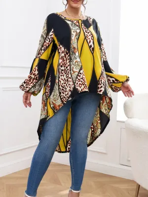 Paisley Raw Hem Long Sleeve Round Neck Asymmetrical Long Plus Size Blouse