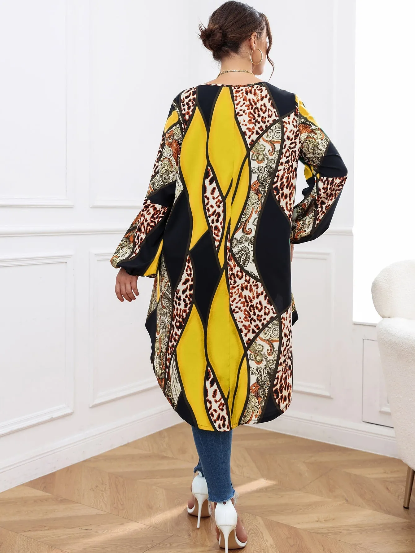Paisley Raw Hem Long Sleeve Round Neck Asymmetrical Long Plus Size Blouse