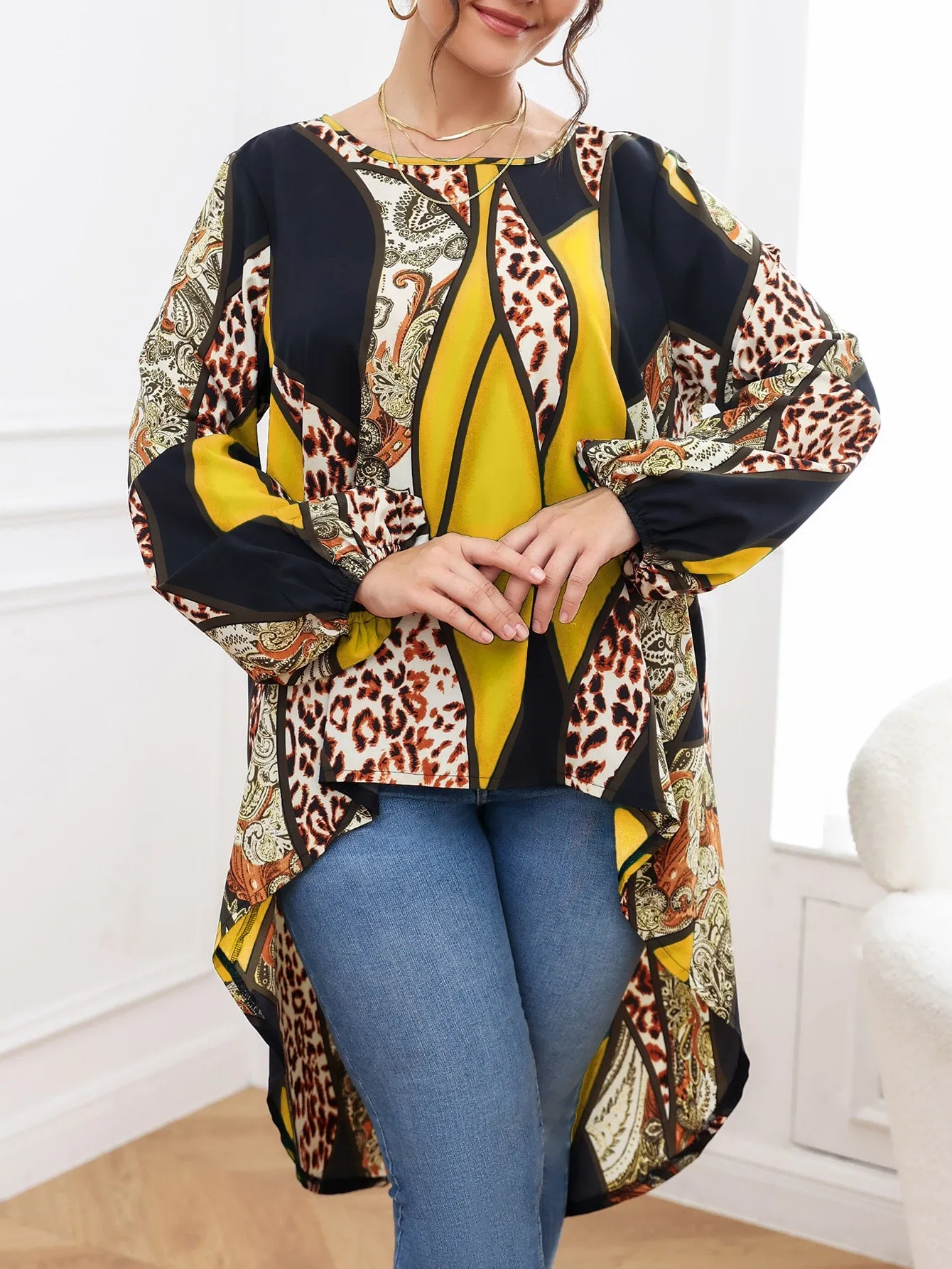 Paisley Raw Hem Long Sleeve Round Neck Asymmetrical Long Plus Size Blouse