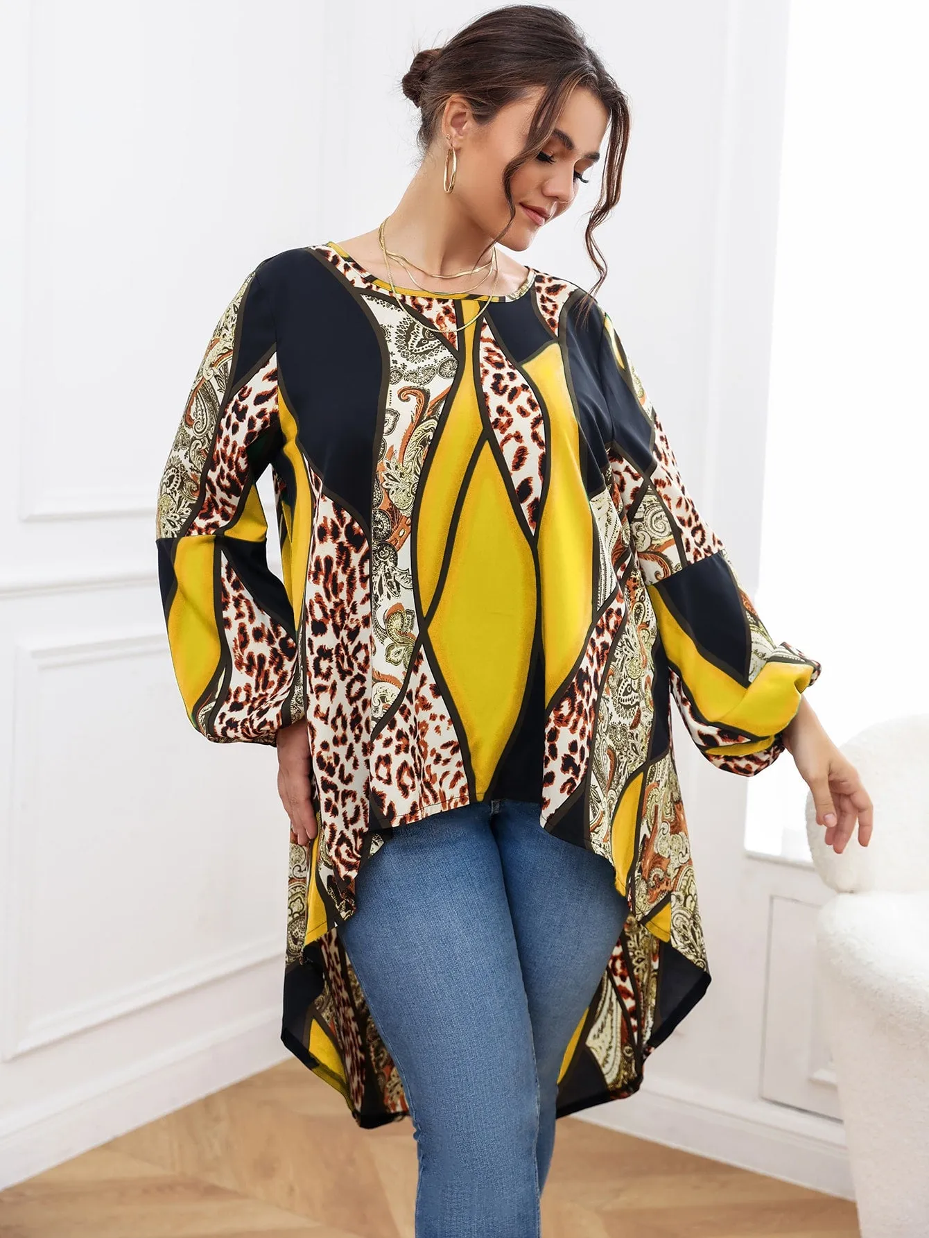 Paisley Raw Hem Long Sleeve Round Neck Asymmetrical Long Plus Size Blouse