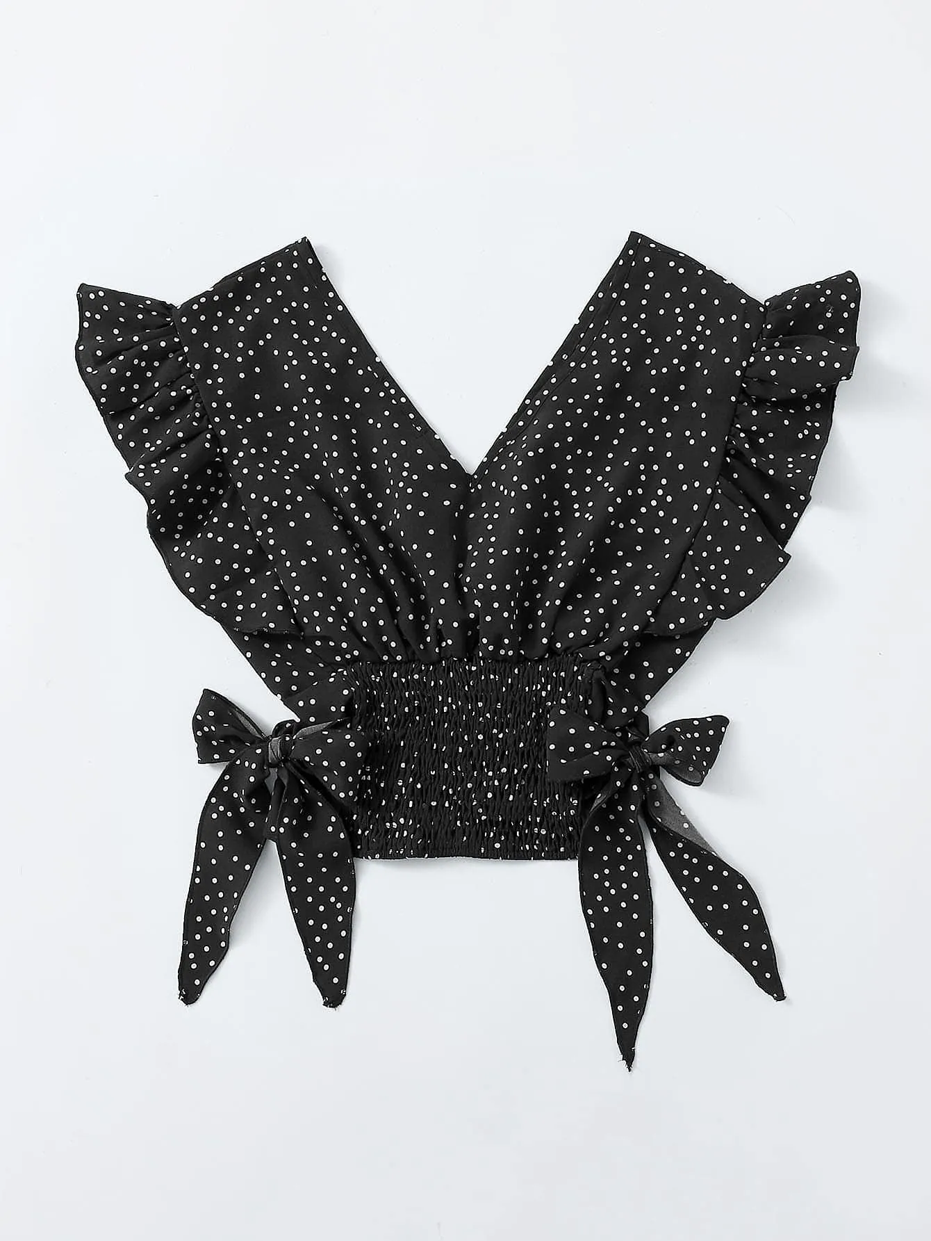 Parien VCAY Ruffle Armhole Shirred Hem Polka-dot Top( Clearance Sale)