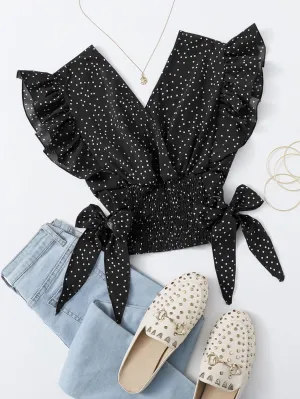 Parien VCAY Ruffle Armhole Shirred Hem Polka-dot Top( Clearance Sale)