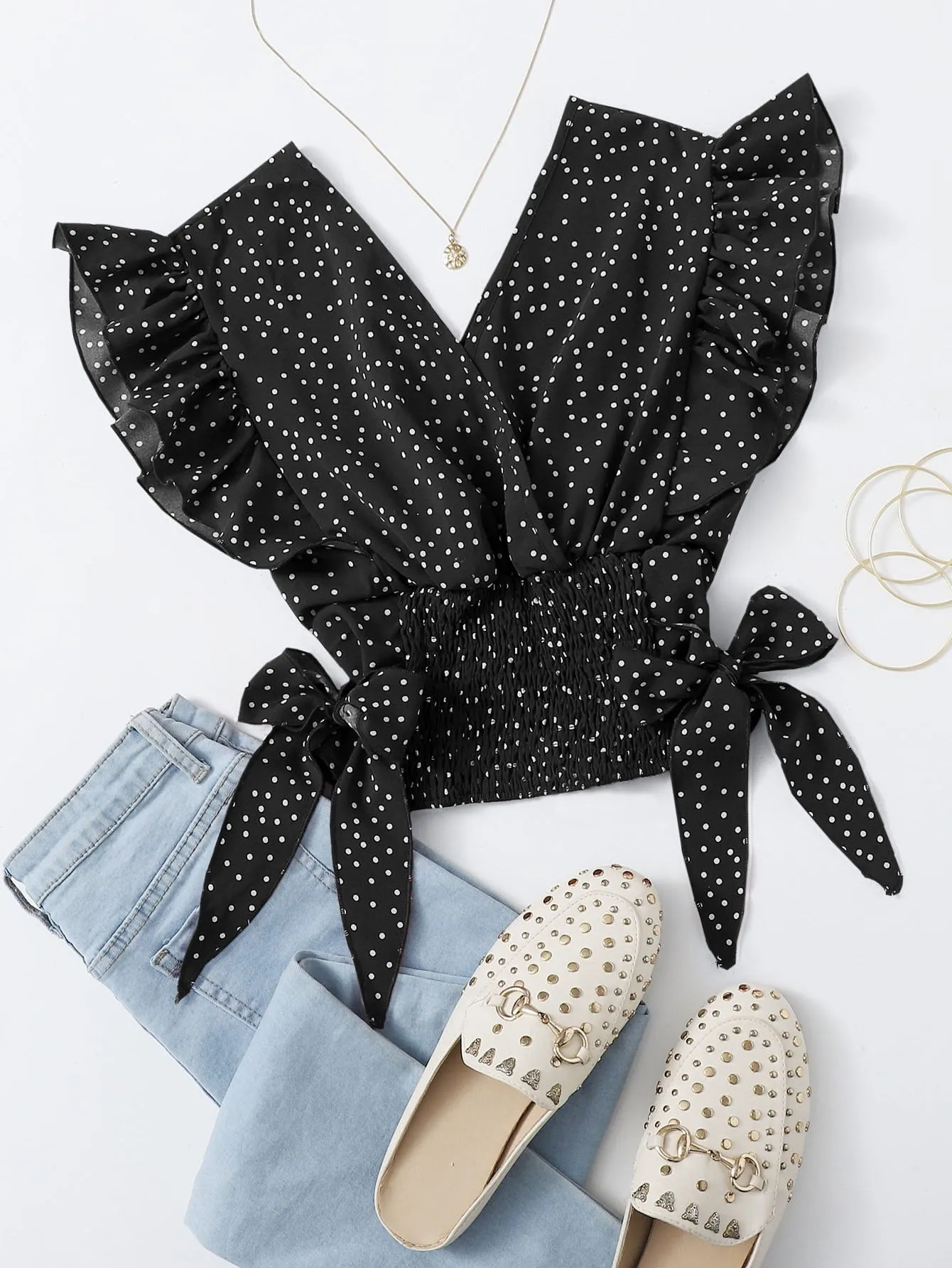 Parien VCAY Ruffle Armhole Shirred Hem Polka-dot Top( Clearance Sale)