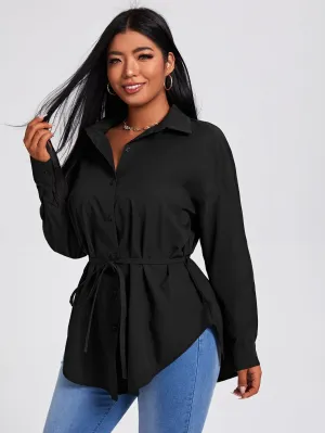 Plain Button Front Long Sleeve Collar Long Plus Size Blouse