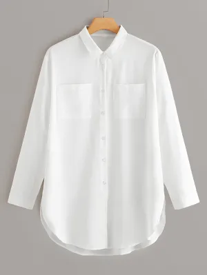 Plain Pocket Long Sleeve Collar Long Plus Size Blouse