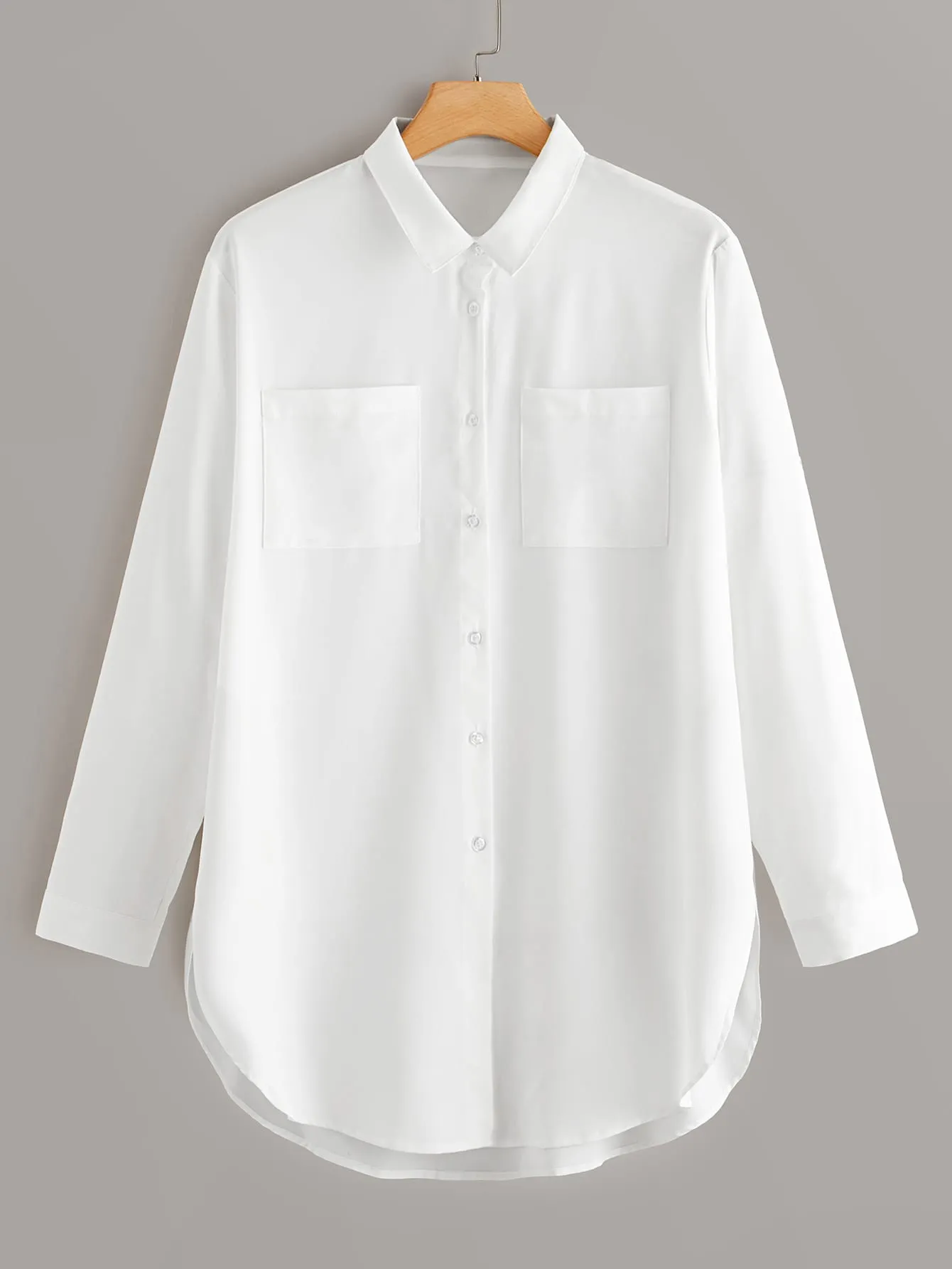 Plain Pocket Long Sleeve Collar Long Plus Size Blouse