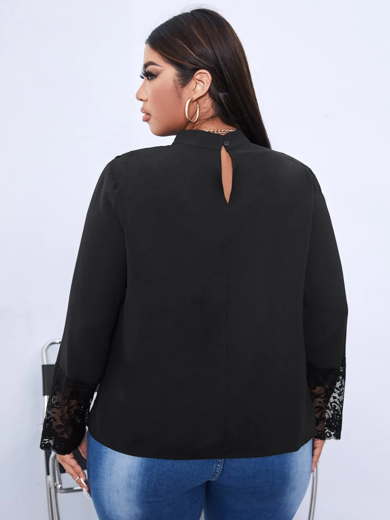 Plain Ruffle Long Sleeve Stand Collar Regular Plus Size Blouse
