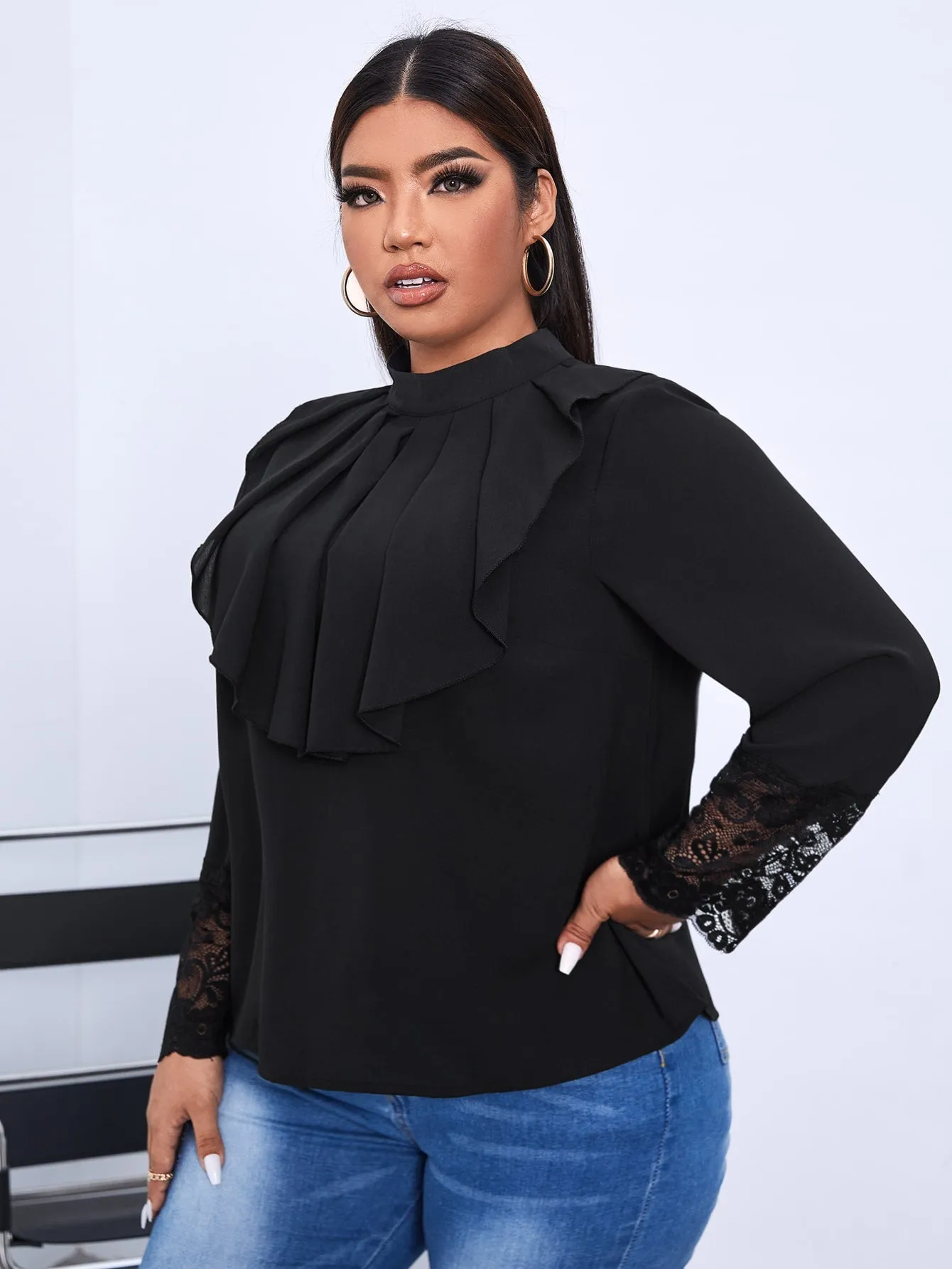 Plain Ruffle Long Sleeve Stand Collar Regular Plus Size Blouse
