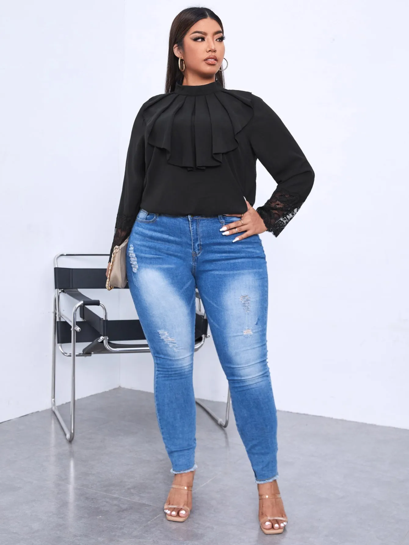 Plain Ruffle Long Sleeve Stand Collar Regular Plus Size Blouse
