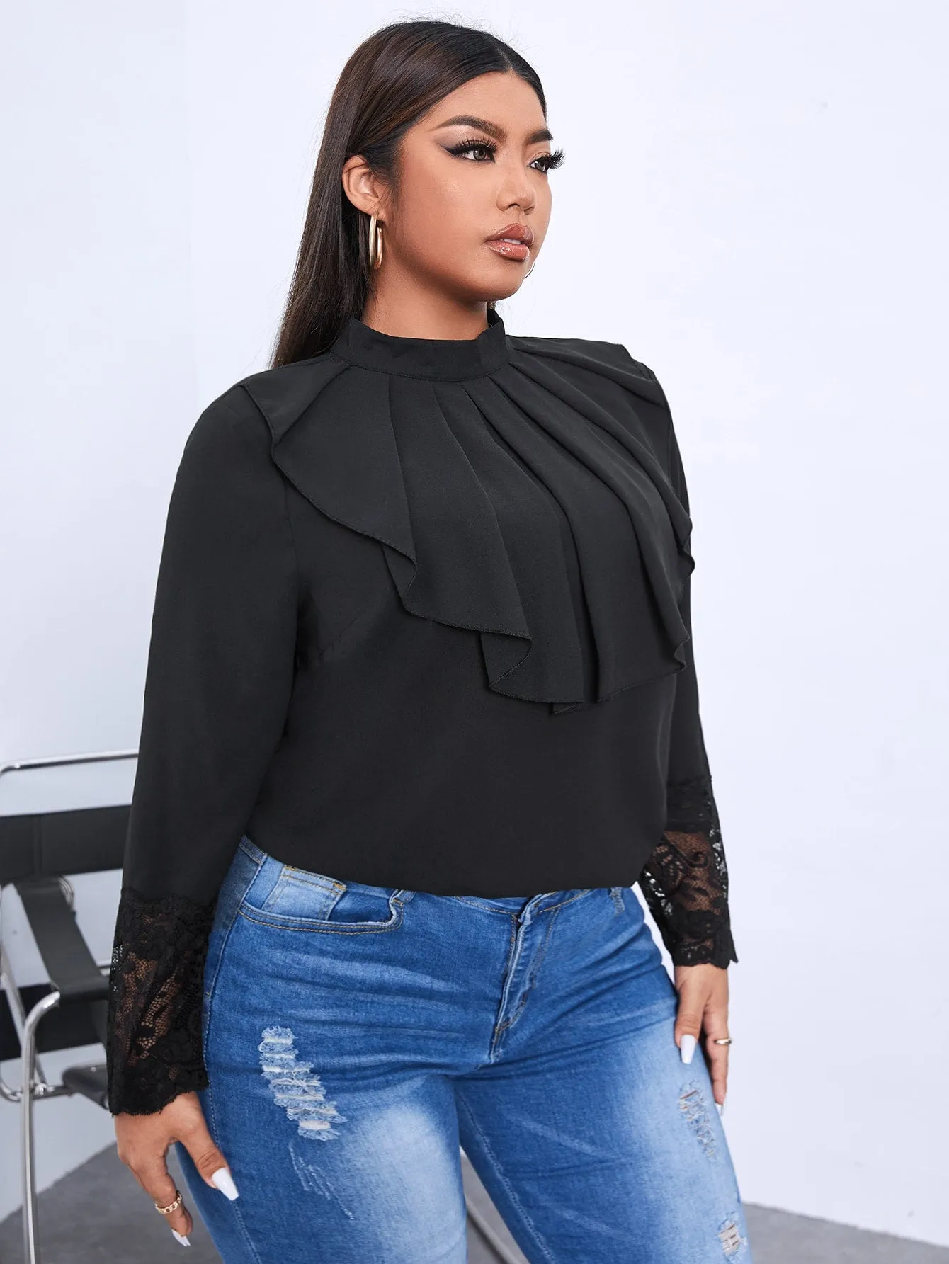 Plain Ruffle Long Sleeve Stand Collar Regular Plus Size Blouse