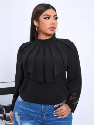 Plain Ruffle Long Sleeve Stand Collar Regular Plus Size Blouse