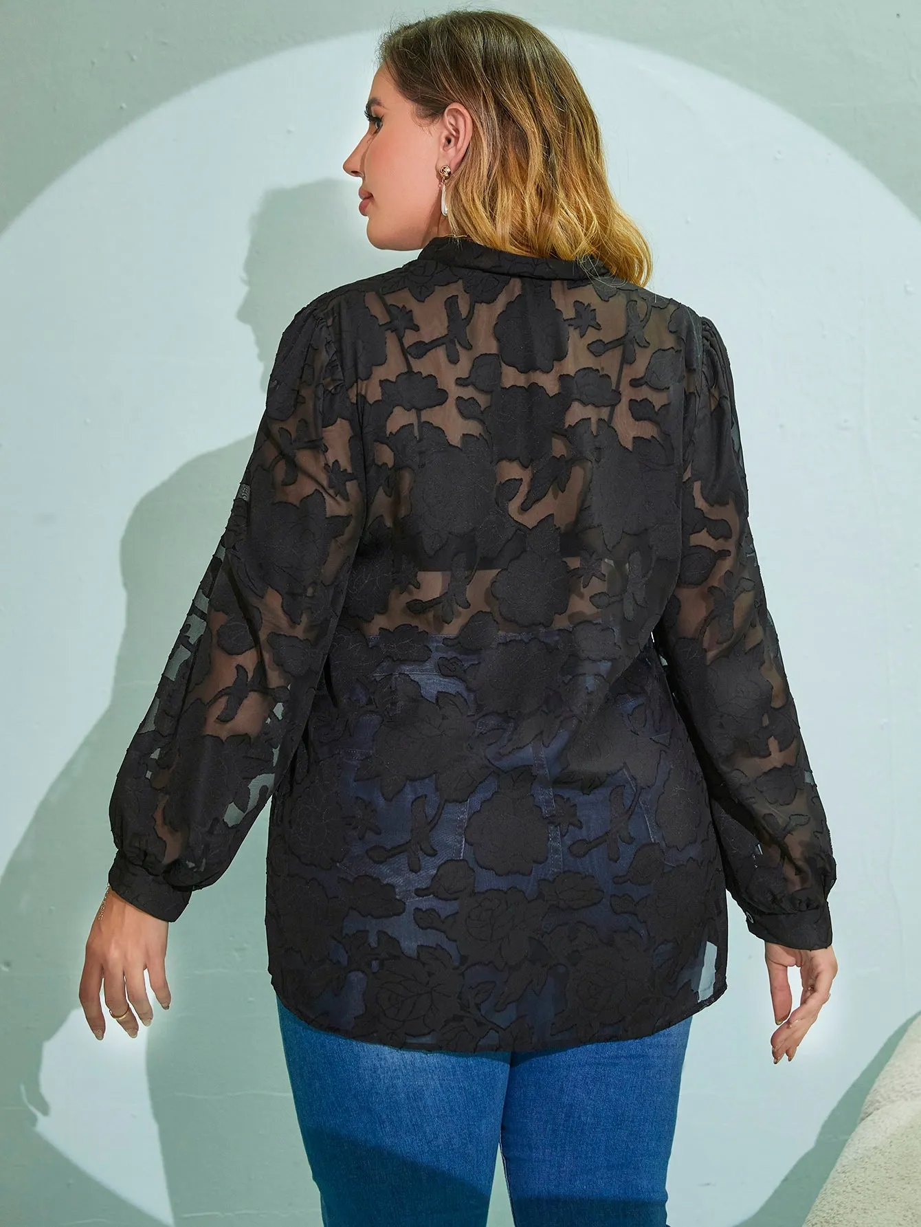 Plain Tie Front Long Sleeve V Neck Semi-Sheer Long Plus Size Blouse