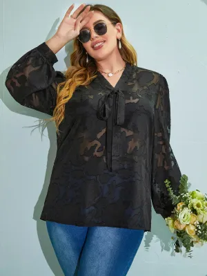 Plain Tie Front Long Sleeve V Neck Semi-Sheer Long Plus Size Blouse