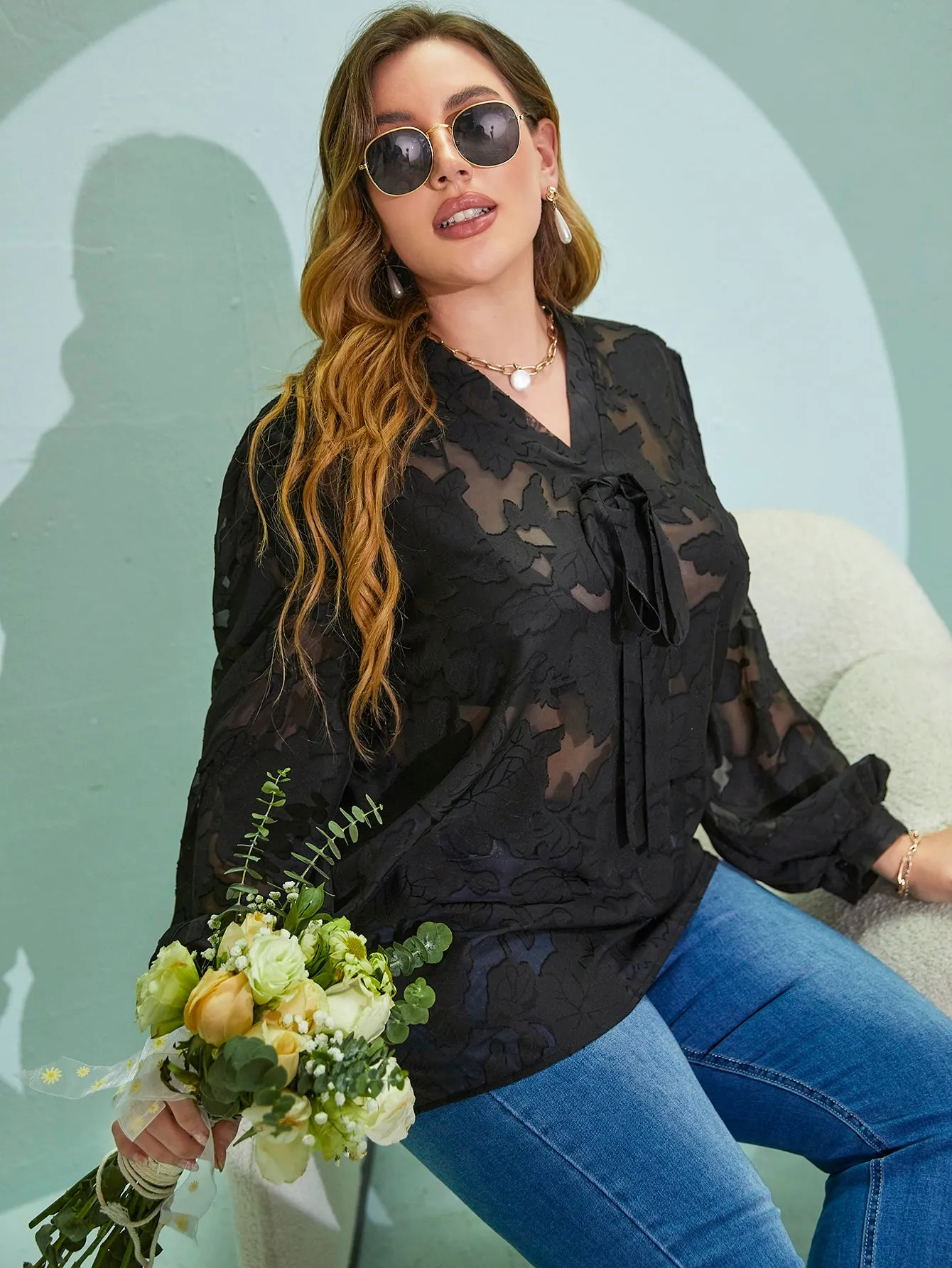 Plain Tie Front Long Sleeve V Neck Semi-Sheer Long Plus Size Blouse