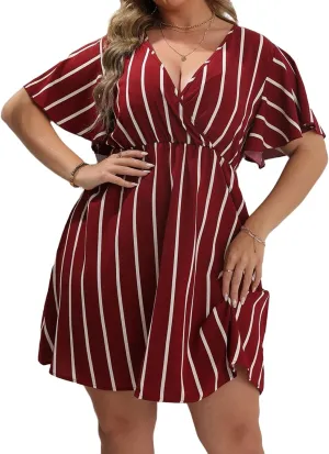 Plus Size Dresses for Curvy Women Short Sleeve V Neck Tunic Mini Dress Summer Casual Striped The Waist Sundress 2025
