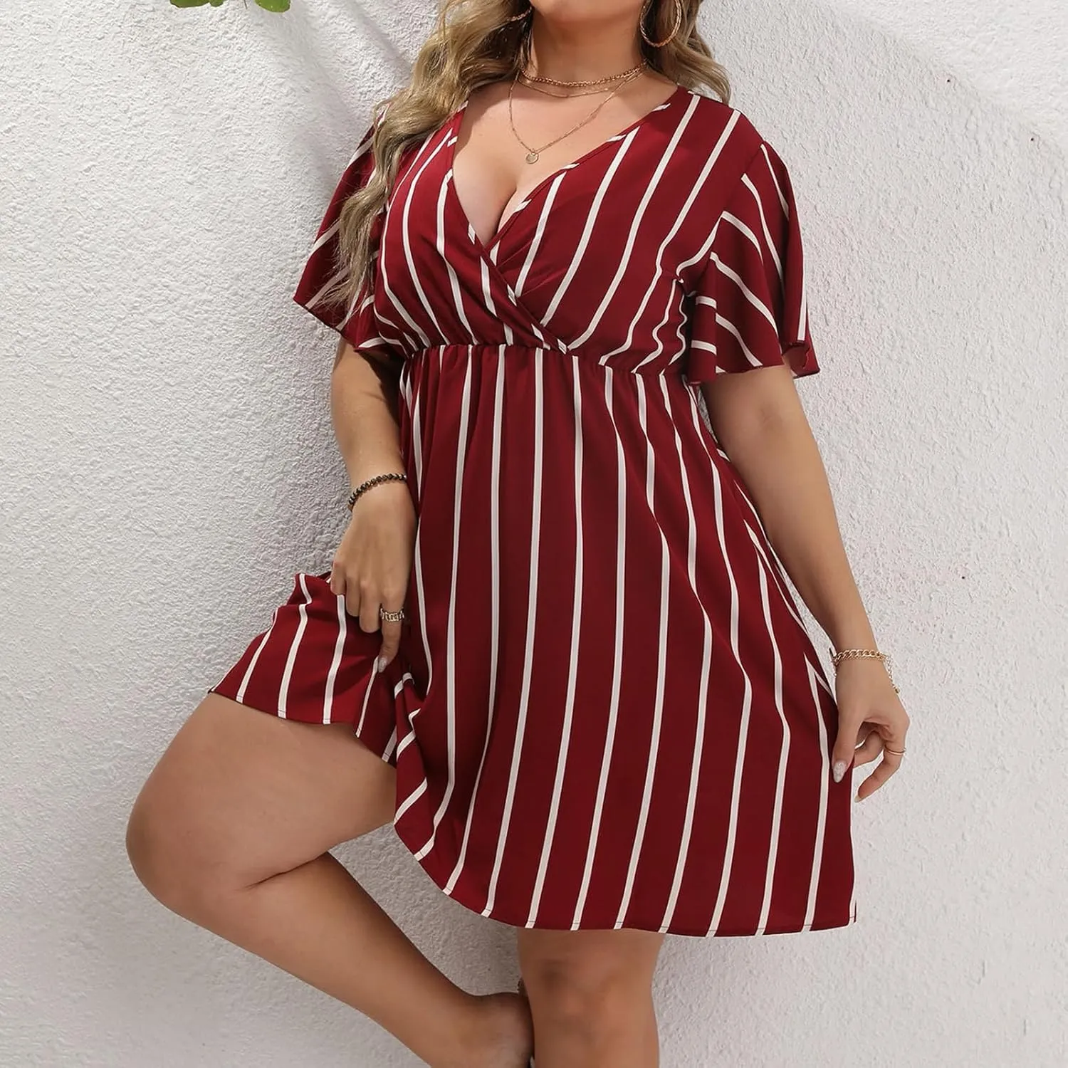 Plus Size Dresses for Curvy Women Short Sleeve V Neck Tunic Mini Dress Summer Casual Striped The Waist Sundress 2025