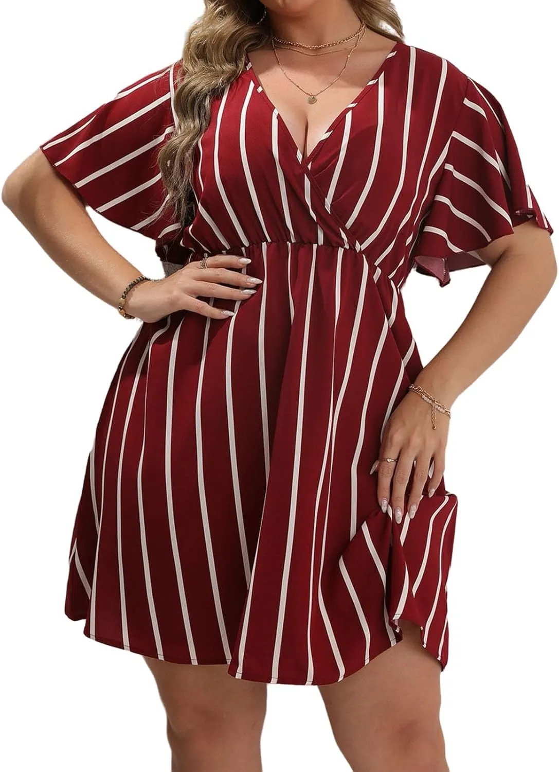 Plus Size Dresses for Curvy Women Short Sleeve V Neck Tunic Mini Dress Summer Casual Striped The Waist Sundress 2025