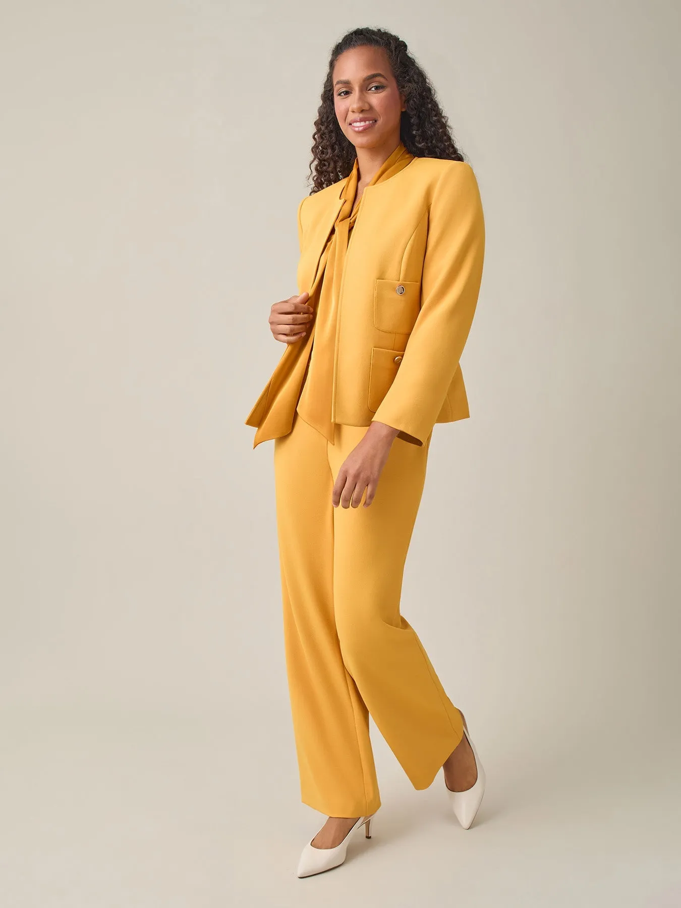 Plus Tie-Neck Long Sleeve Blouse, Gold Signature