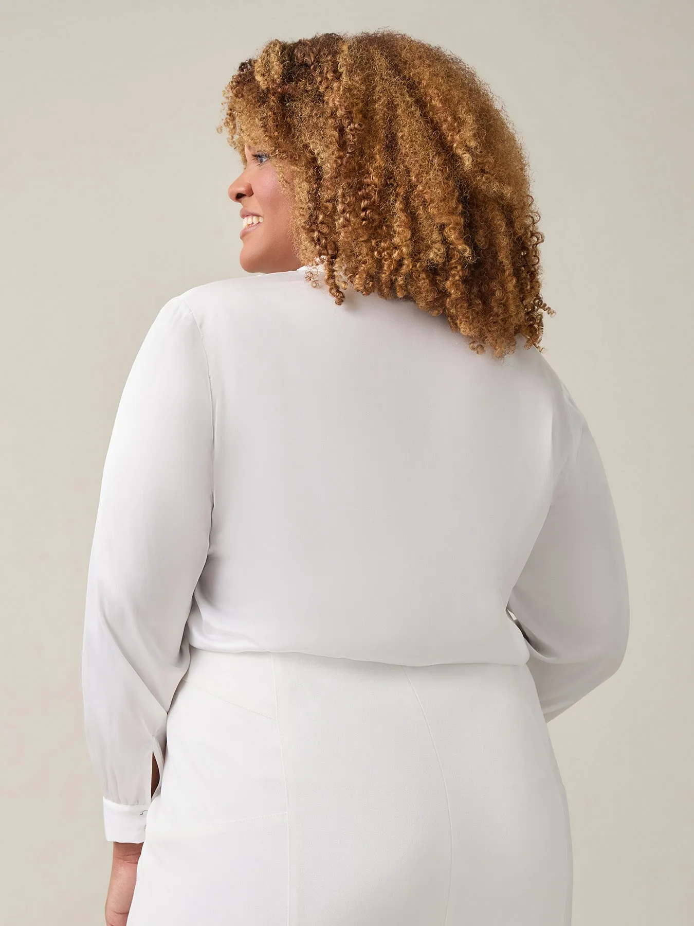 Plus Tie-Neck Long Sleeve Blouse, White