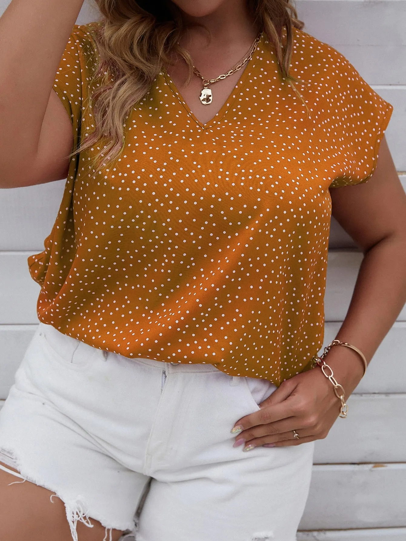 Polka Dot Cap Sleeve V Neck Regular Plus Size Blouse