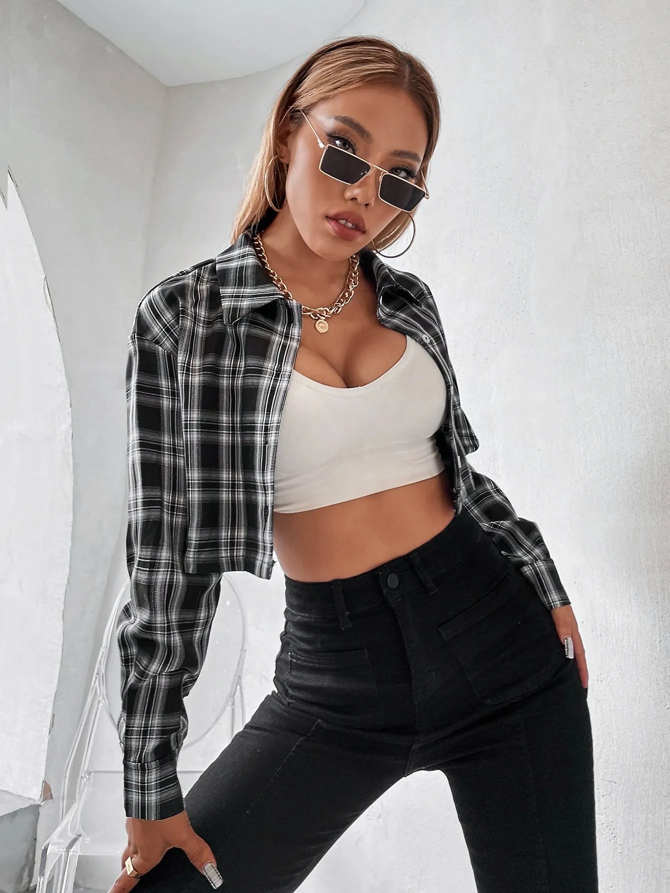 Preppy Tartan Button Front Long Sleeve Collar Crop Blouse