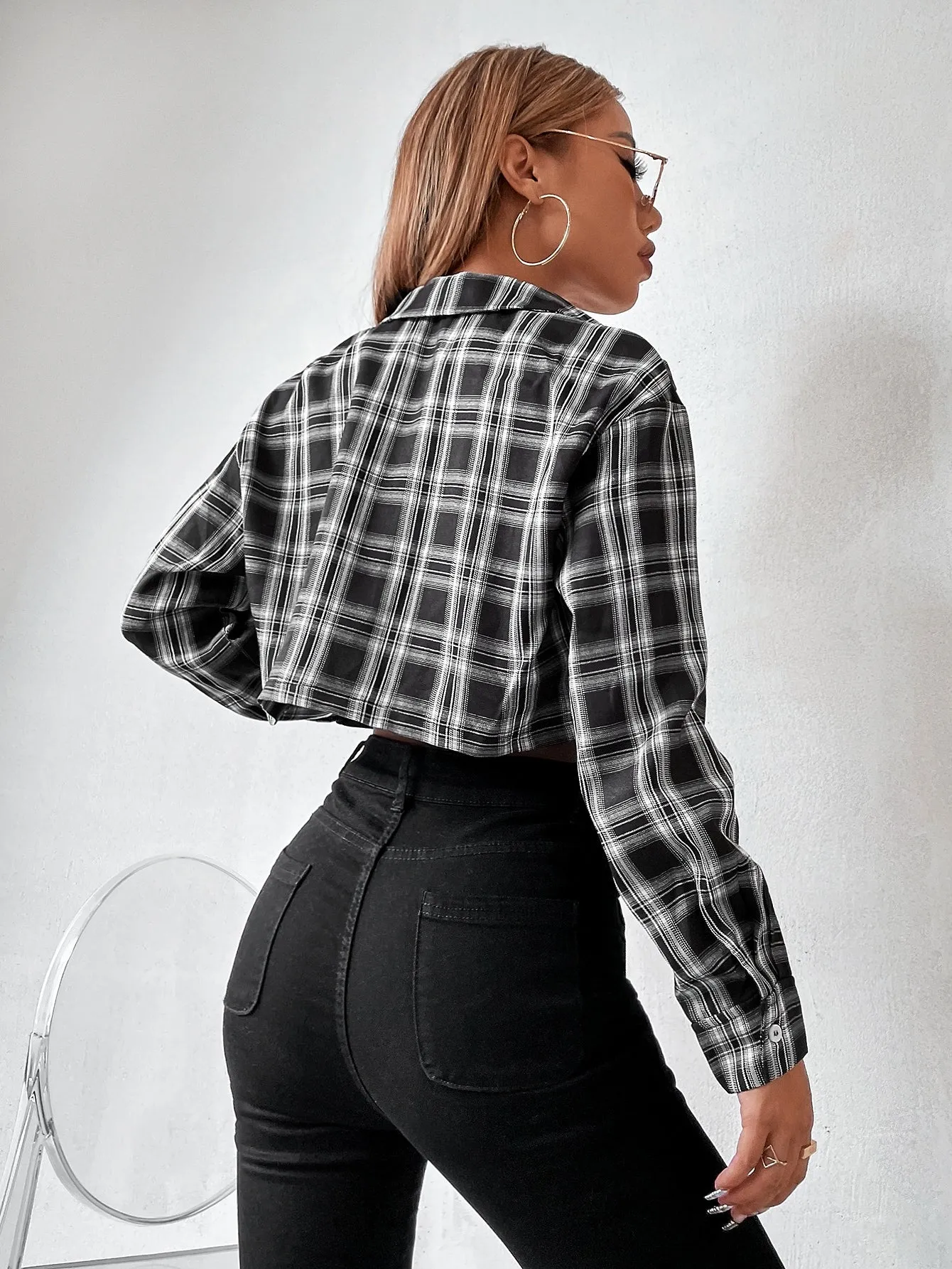 Preppy Tartan Button Front Long Sleeve Collar Crop Blouse