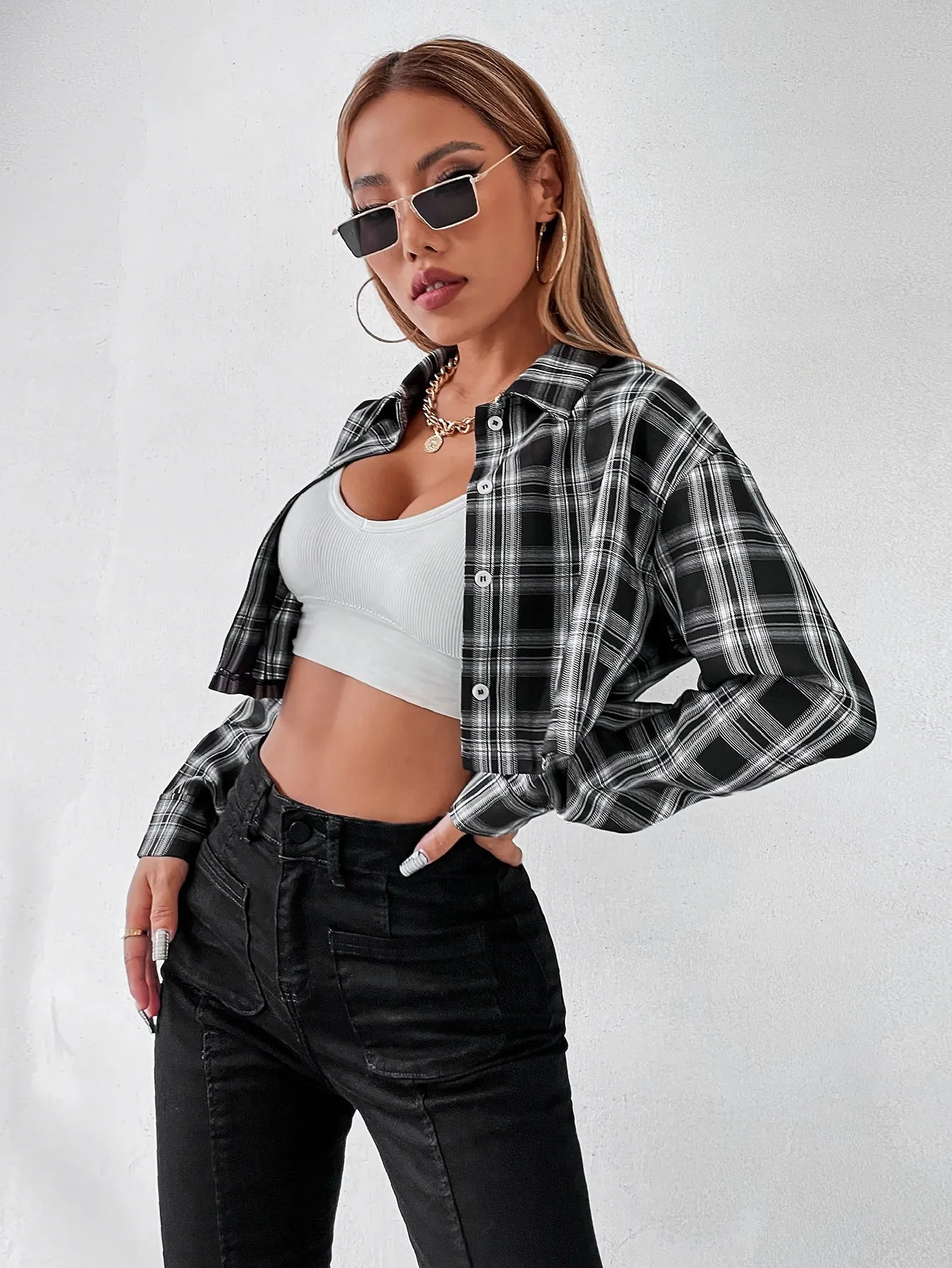 Preppy Tartan Button Front Long Sleeve Collar Crop Blouse