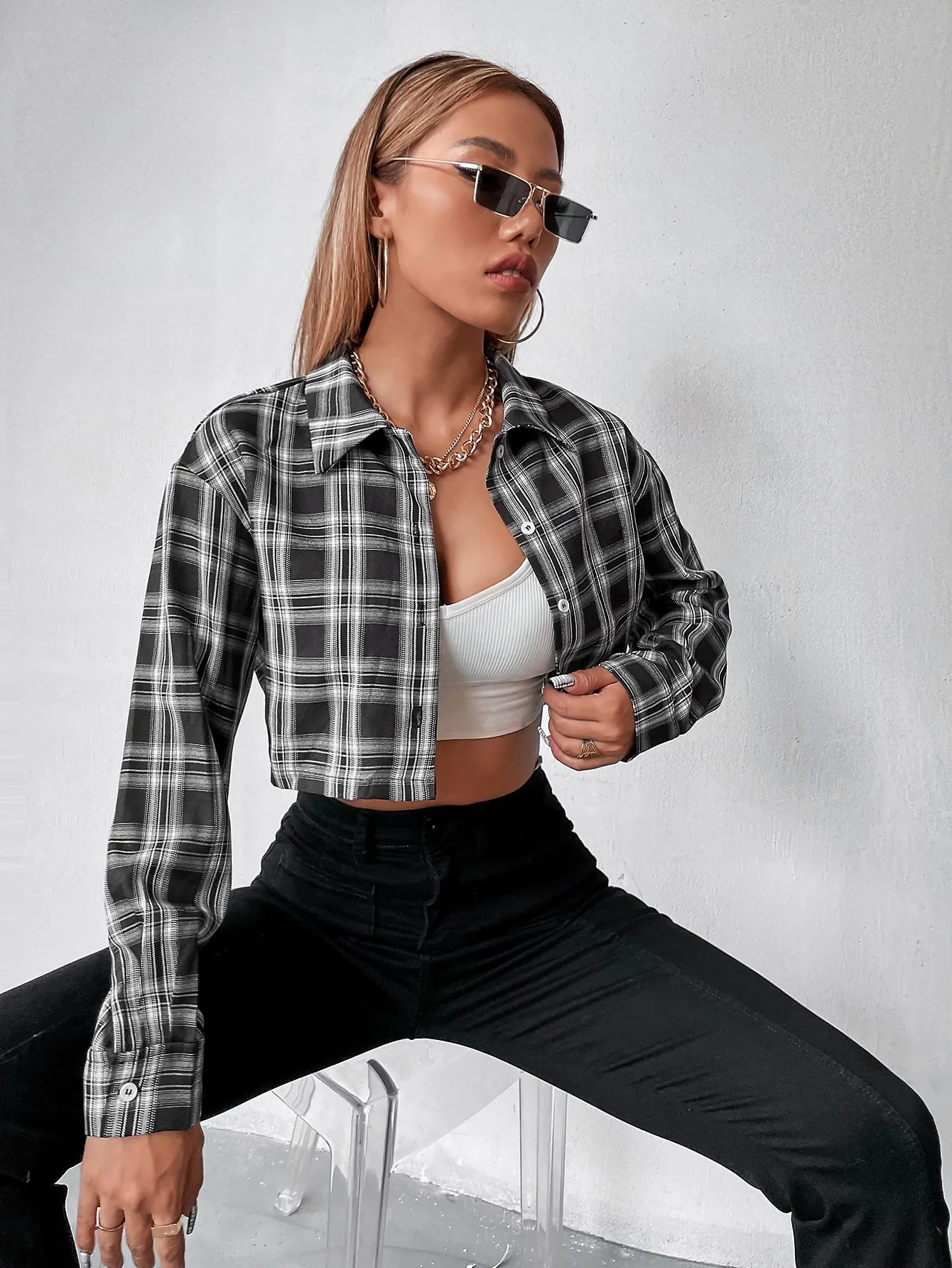 Preppy Tartan Button Front Long Sleeve Collar Crop Blouse