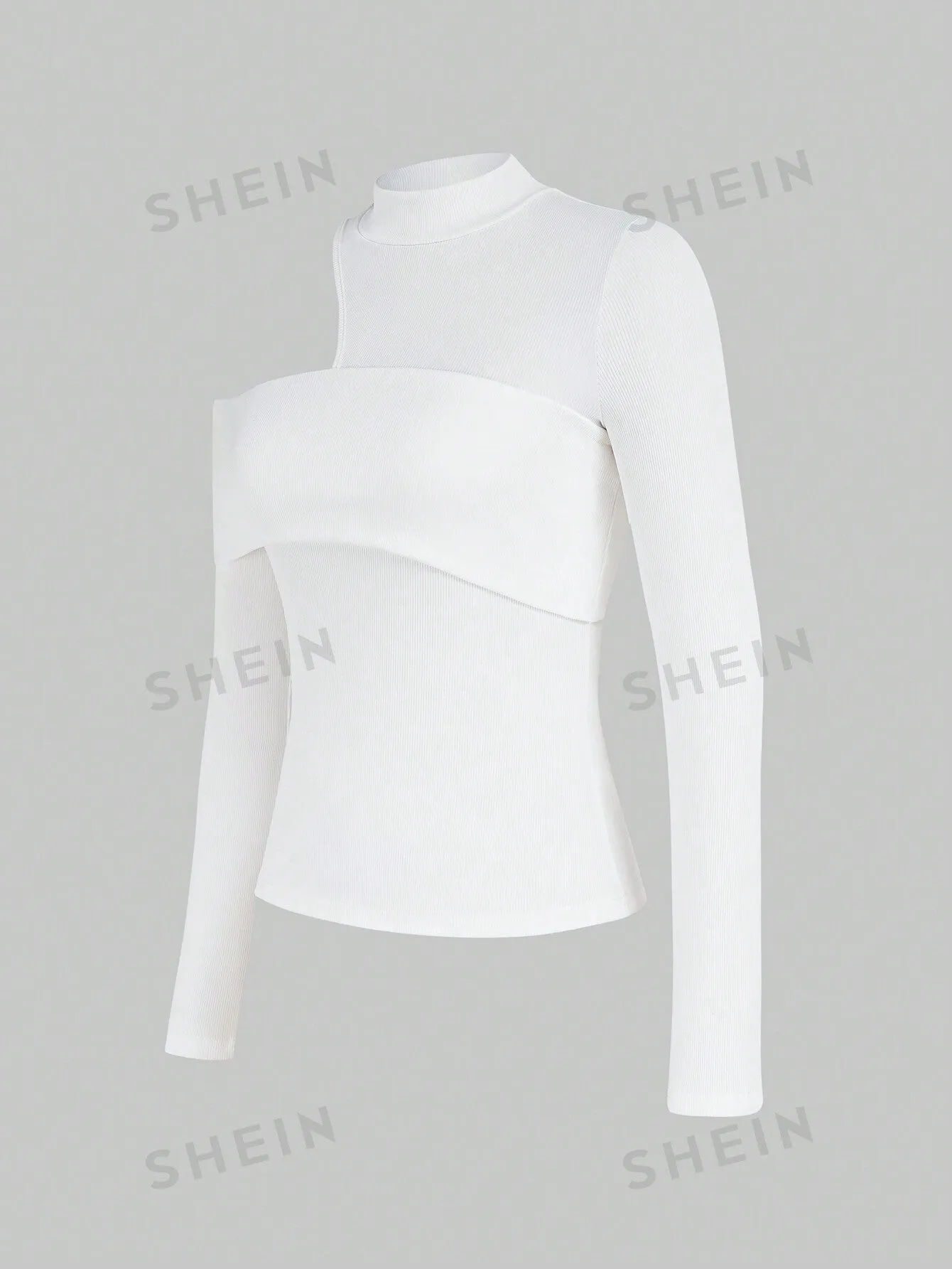 Privé Women's Solid Ribbed Knit Stand Collar Hollow Out Long Sleeve T-Shirt