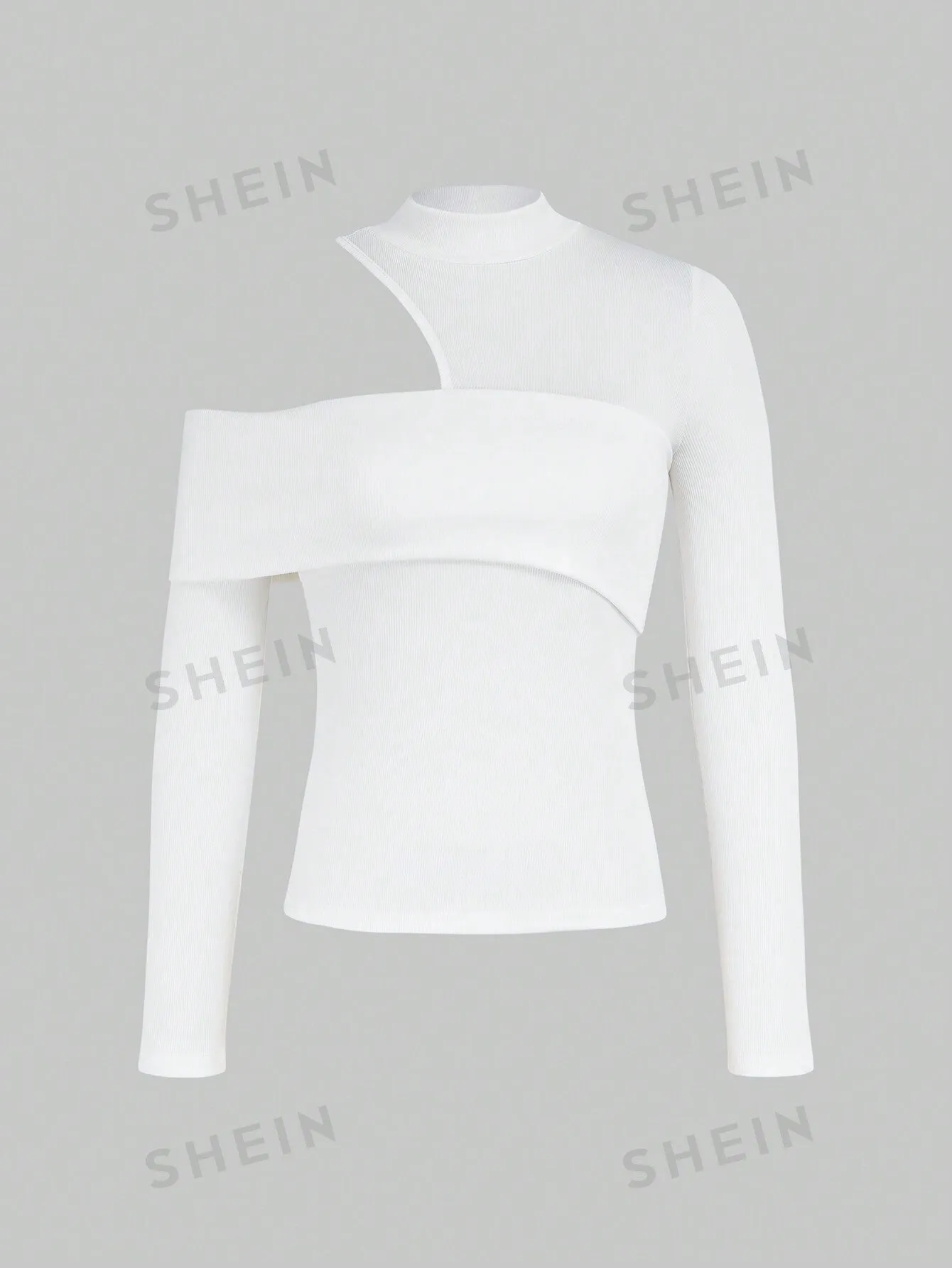Privé Women's Solid Ribbed Knit Stand Collar Hollow Out Long Sleeve T-Shirt