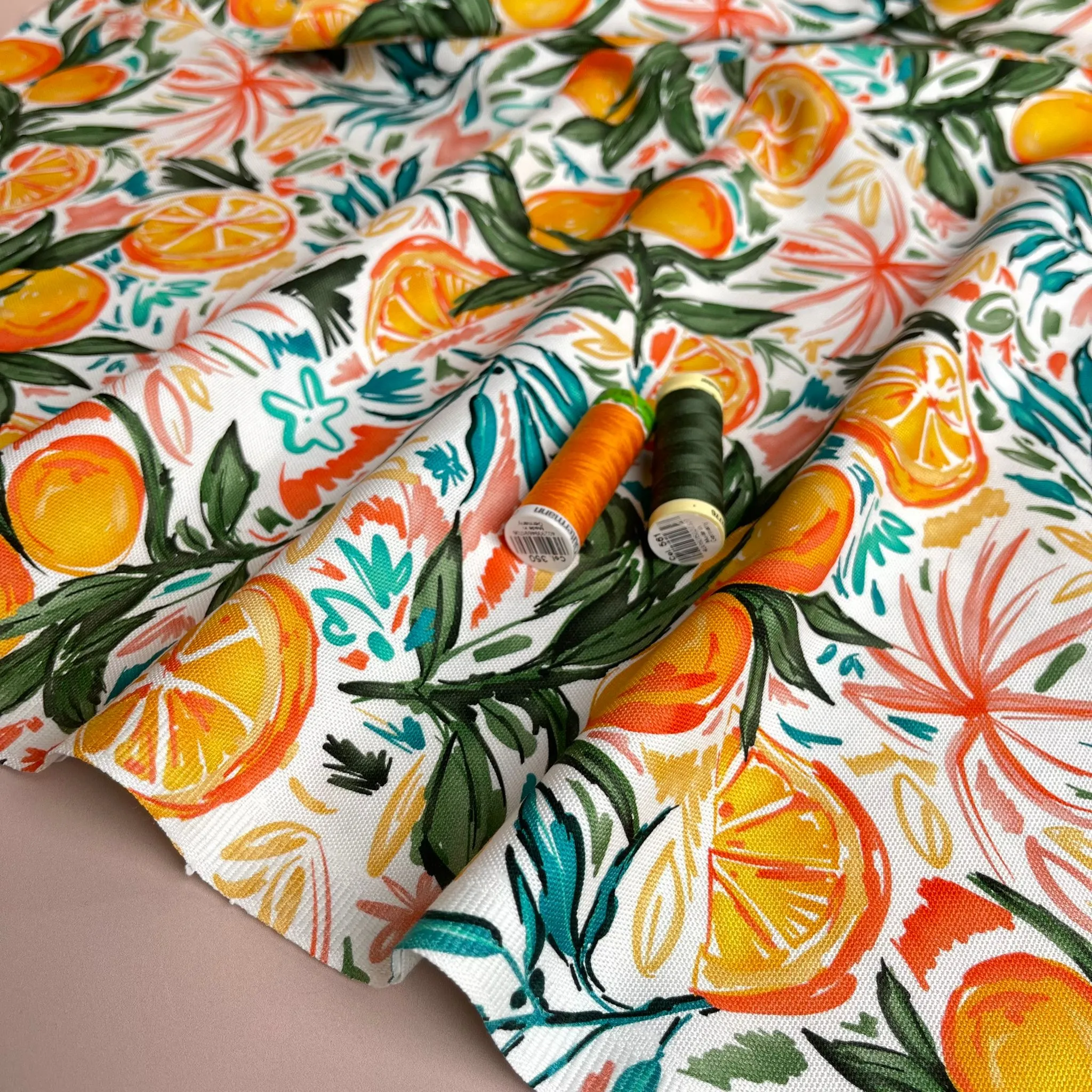 REMNANT 1.78 Metres - Orange Grove on White Cotton Canvas Fabric