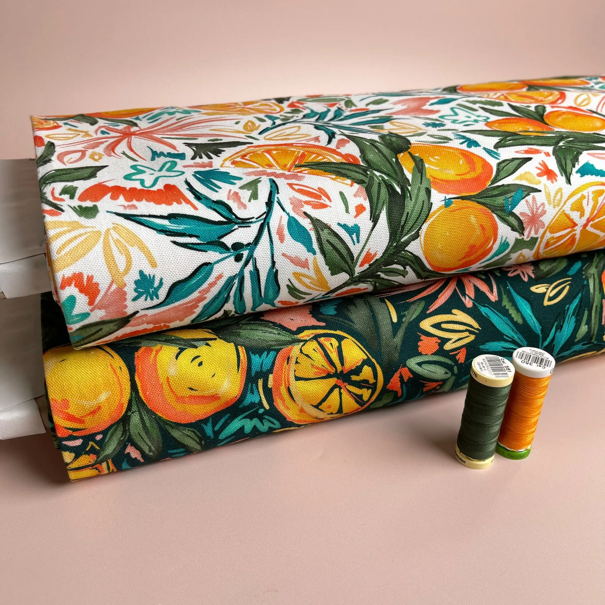 REMNANT 1.78 Metres - Orange Grove on White Cotton Canvas Fabric