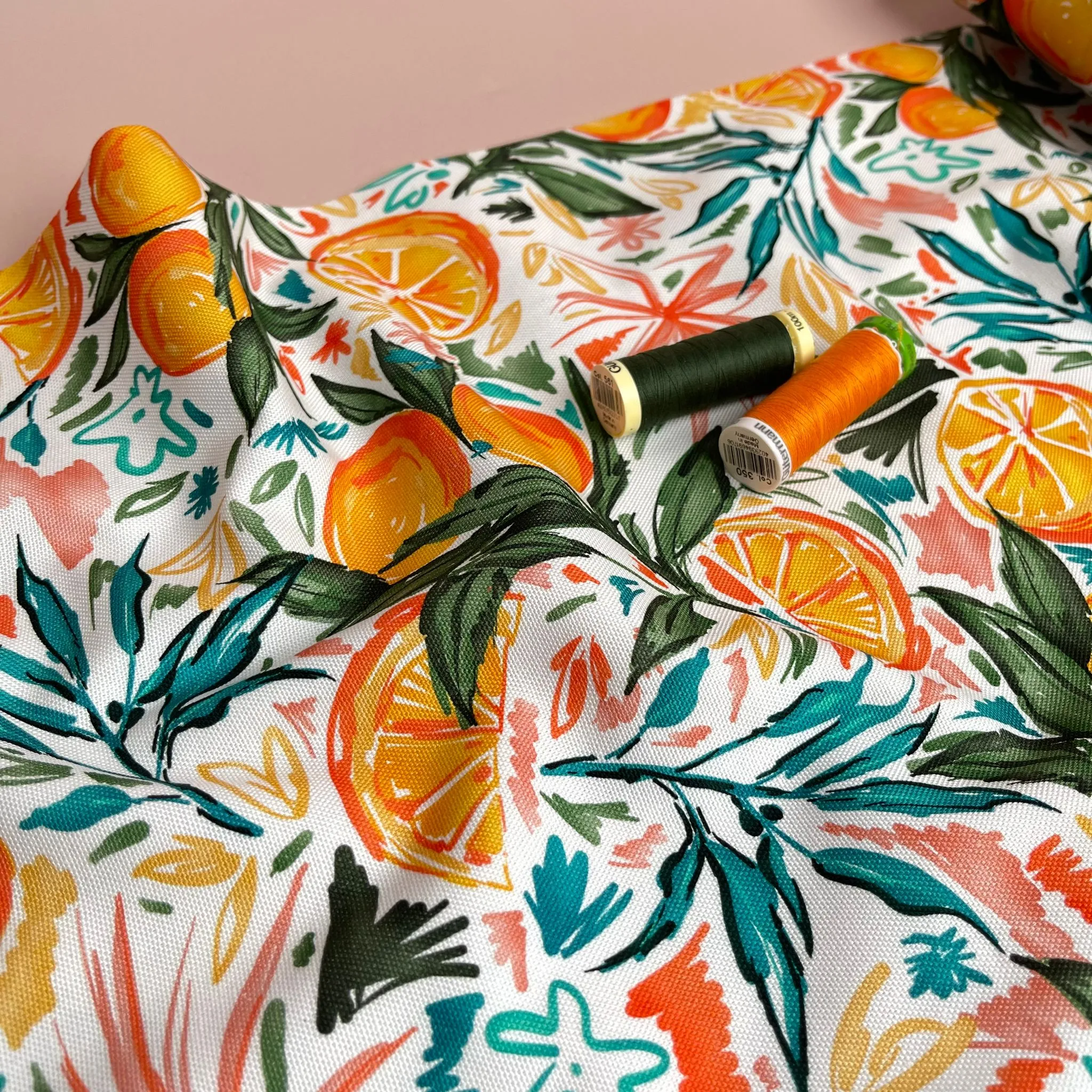 REMNANT 1.78 Metres - Orange Grove on White Cotton Canvas Fabric