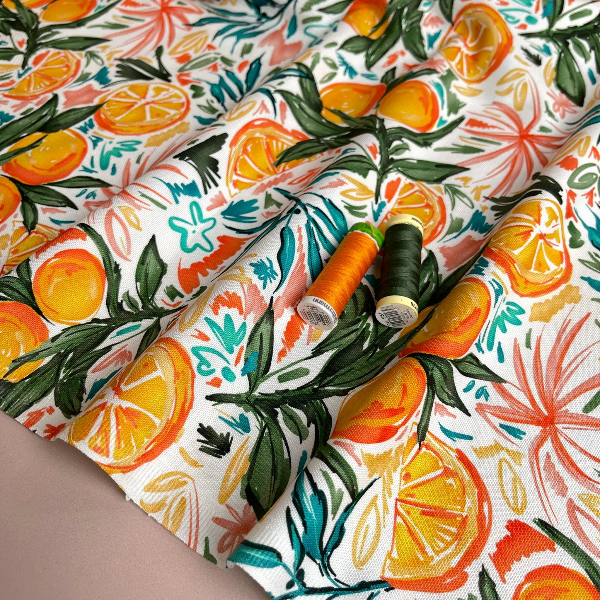 REMNANT 1.78 Metres - Orange Grove on White Cotton Canvas Fabric