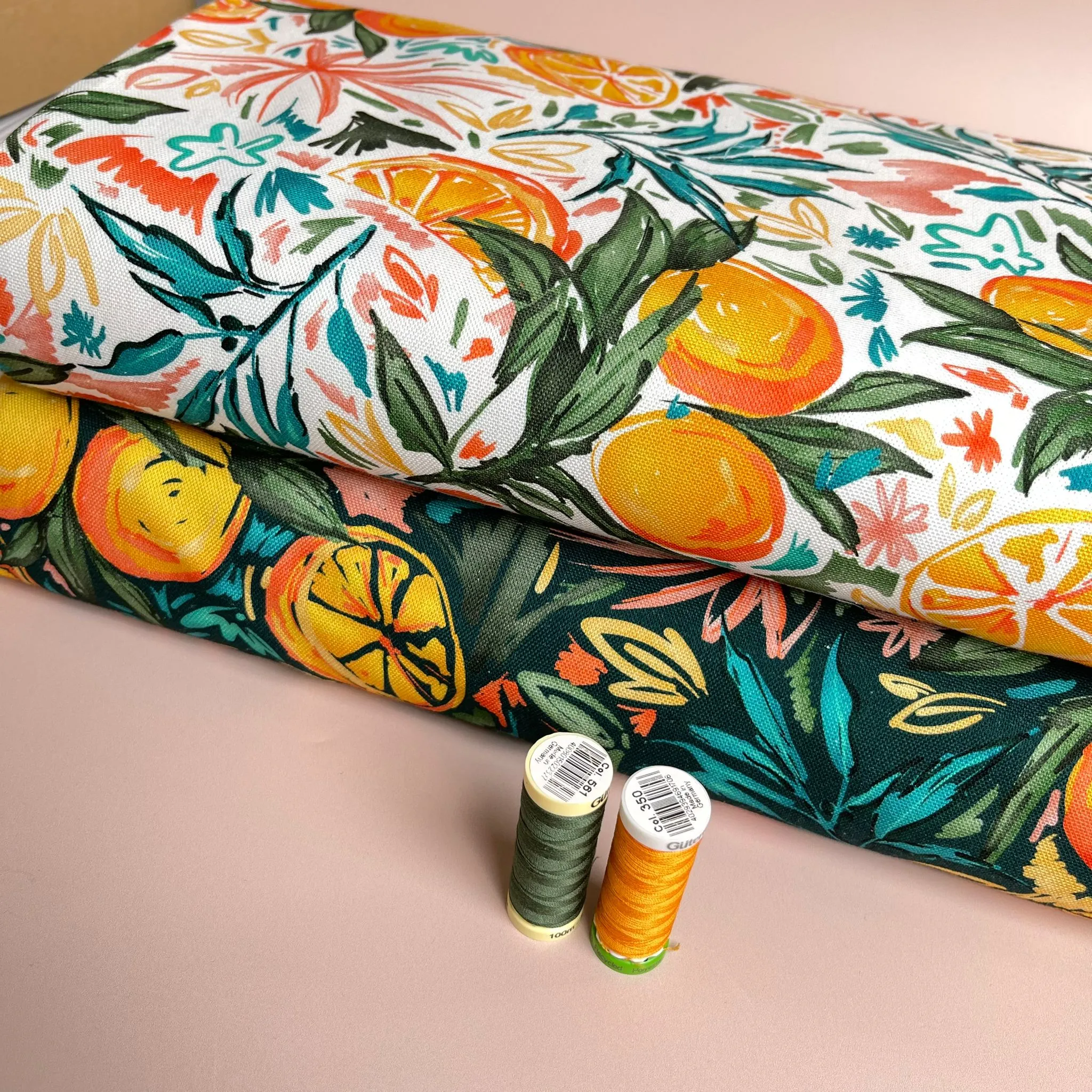 REMNANT 1.78 Metres - Orange Grove on White Cotton Canvas Fabric