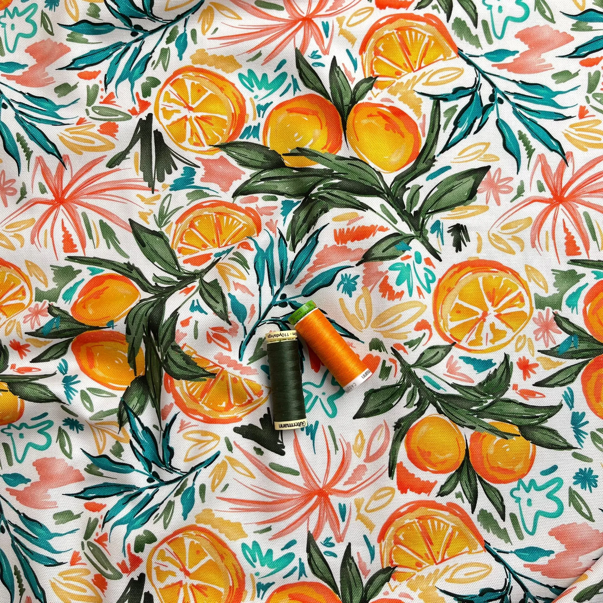 REMNANT 1.78 Metres - Orange Grove on White Cotton Canvas Fabric