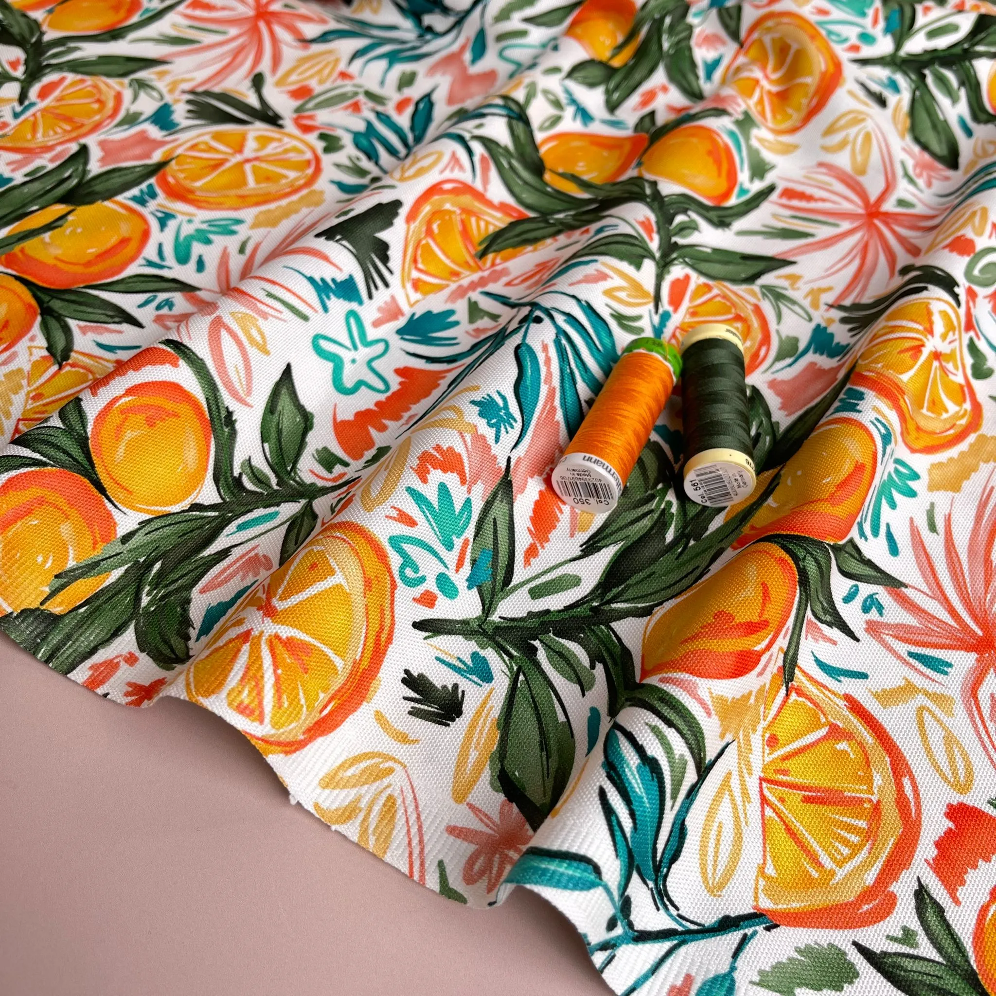 REMNANT 1.78 Metres - Orange Grove on White Cotton Canvas Fabric