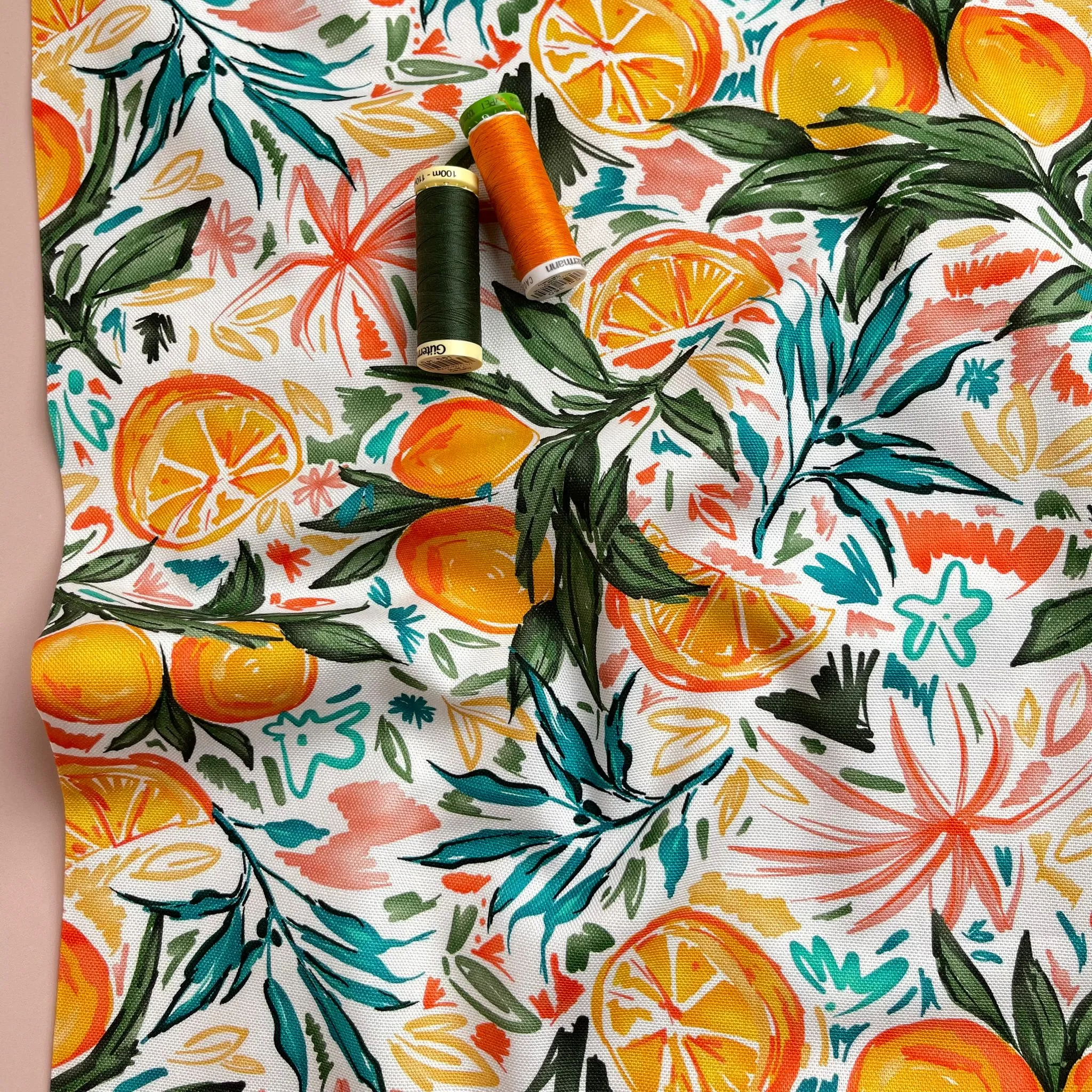 REMNANT 1.78 Metres - Orange Grove on White Cotton Canvas Fabric
