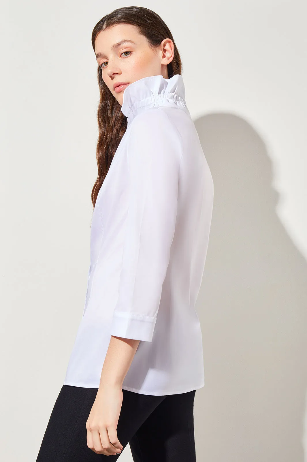 Ruffle Neck Button-Front Cotton Poplin Blouse