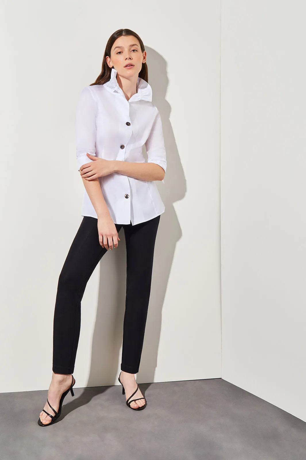 Ruffle Neck Button-Front Cotton Poplin Blouse