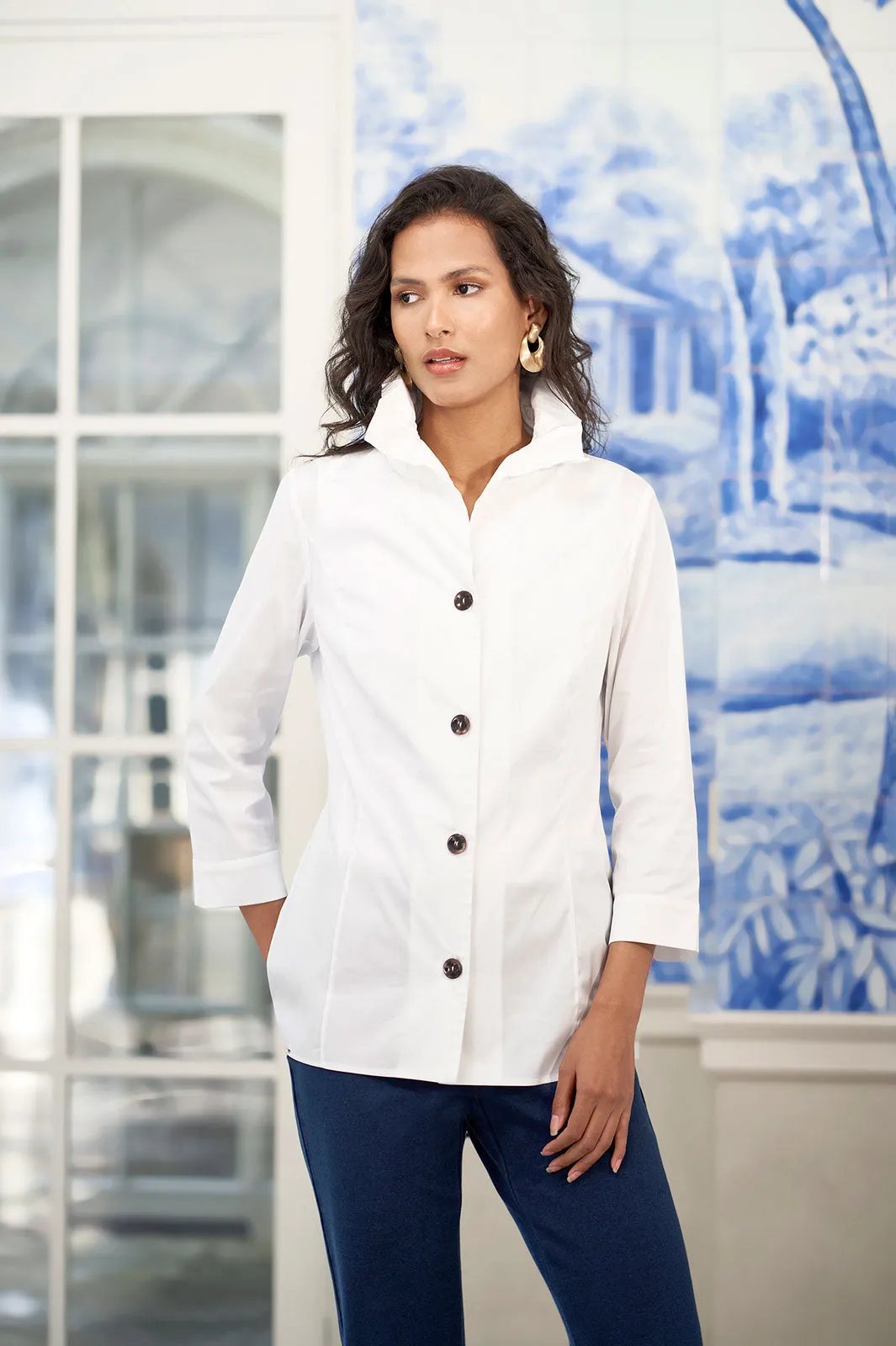 Ruffle Neck Button-Front Cotton Poplin Blouse