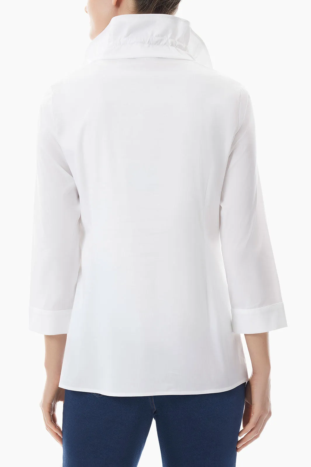 Ruffle Neck Button-Front Cotton Poplin Blouse