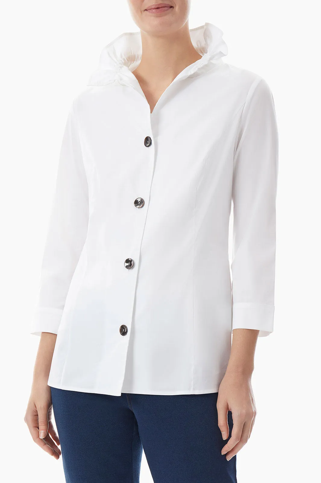 Ruffle Neck Button-Front Cotton Poplin Blouse