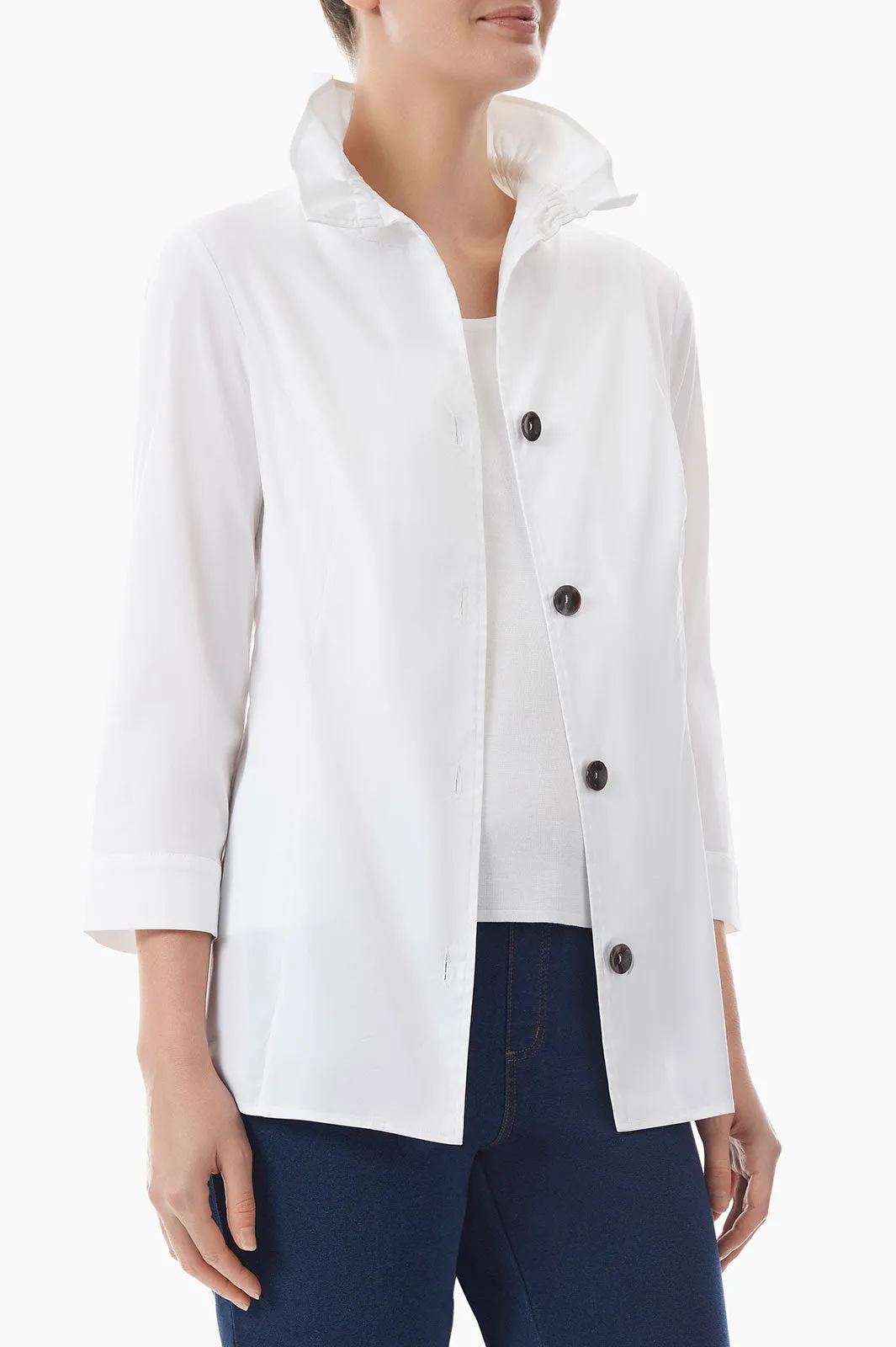 Ruffle Neck Button-Front Cotton Poplin Blouse