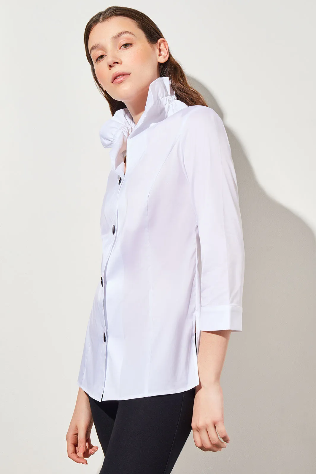 Ruffle Neck Button-Front Cotton Poplin Blouse