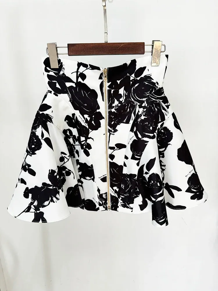 Runway Metal Rose Buttons Printed Floral Mini Skirt