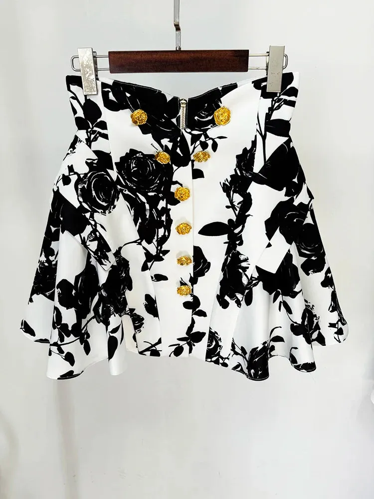 Runway Metal Rose Buttons Printed Floral Mini Skirt