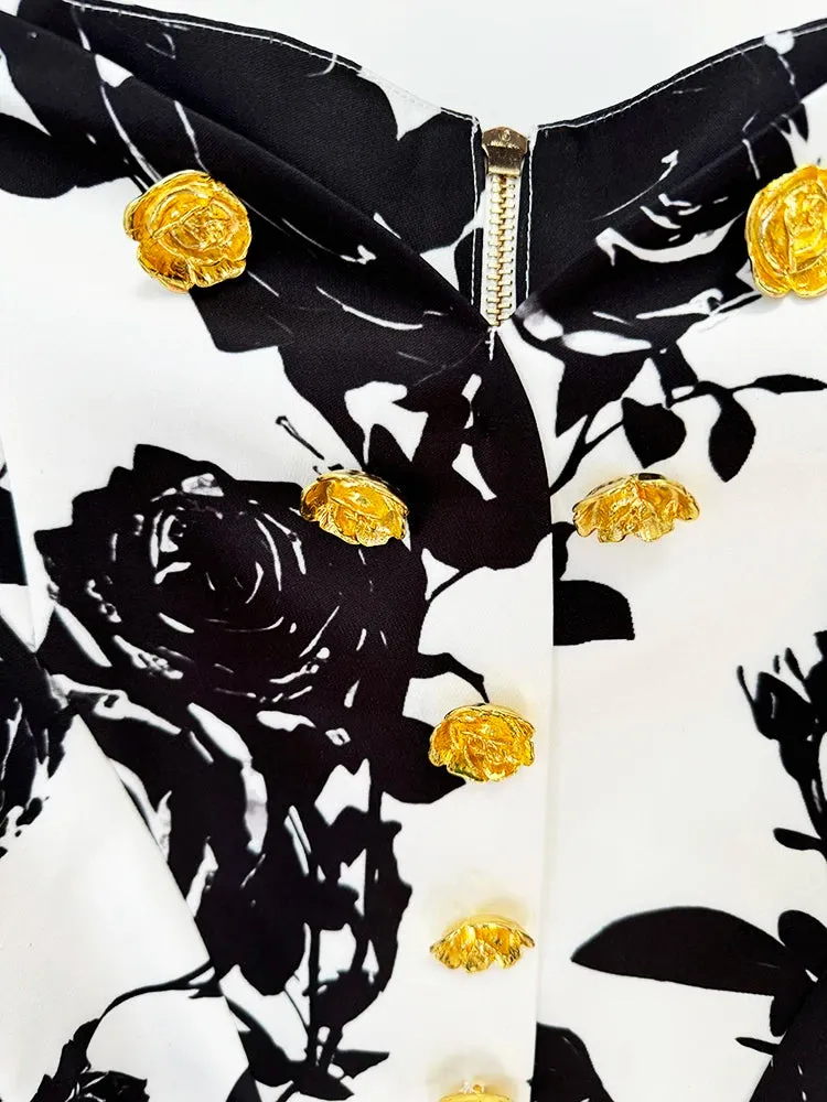 Runway Metal Rose Buttons Printed Floral Mini Skirt