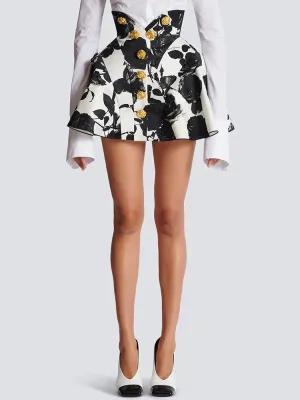Runway Metal Rose Buttons Printed Floral Mini Skirt